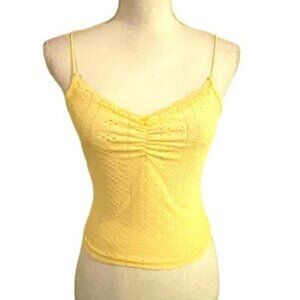 Eyelet Feminine Strappy Cropped Yellow Tank Top with Lacy Trim